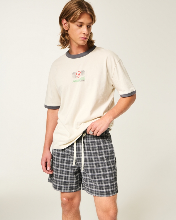 Mid-Thigh Seersucker Pull-On Shorts, Black Plaid view 1