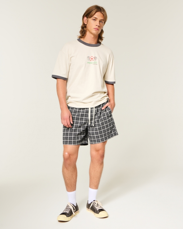Mid-Thigh Seersucker Pull-On Shorts, Black Plaid view 2