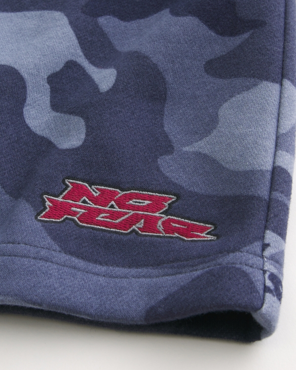 At-the-Knee Camo No Fear Graphic Baggy Fleece Shorts, Navy Camo view 2