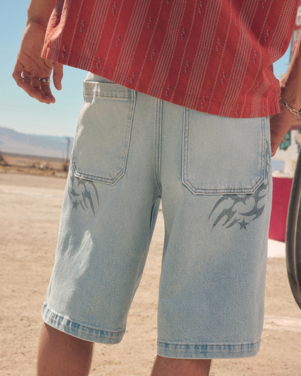 Low-Rise Light Wash Graphic Baggy Jean Shorts, Light view 1