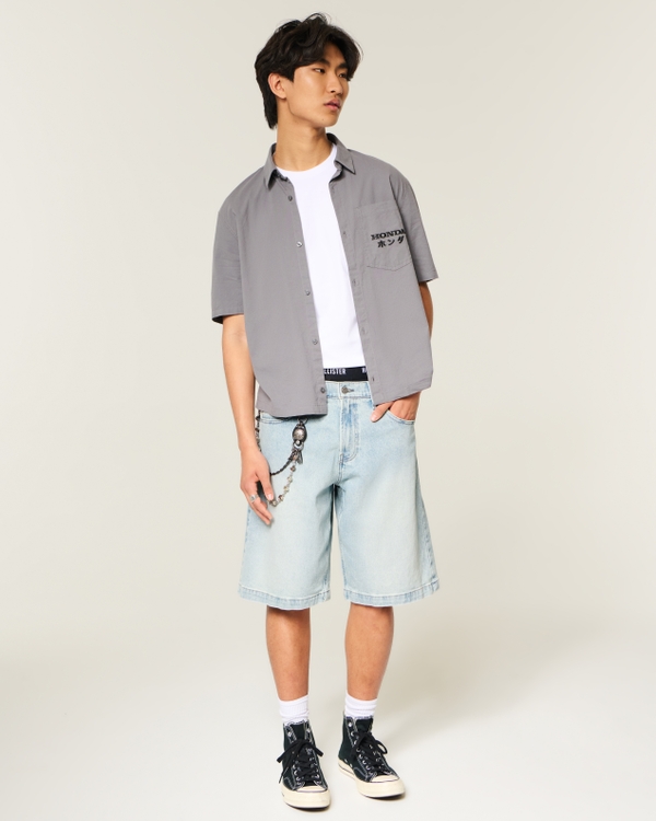 Low-Rise Light Wash Graphic Baggy Jean Shorts, Light view 1