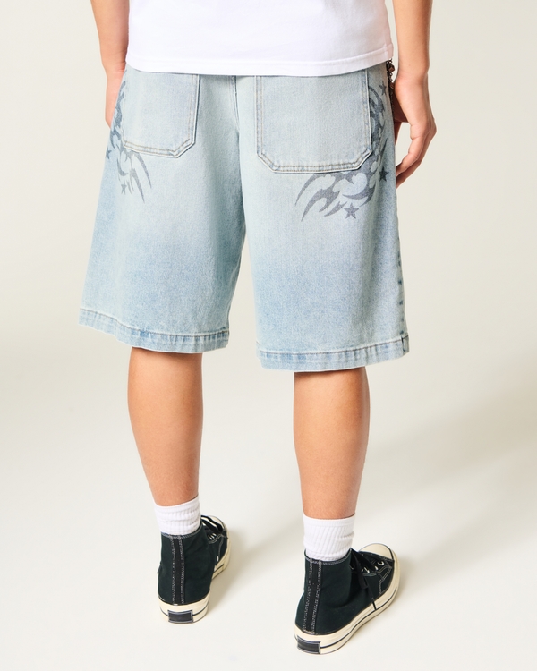 Men's Low-Rise Light Wash Graphic Baggy Jean Shorts | Men's