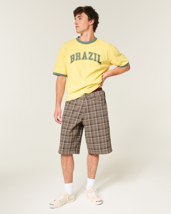 Plaid Baggy Low-Rise Jean Shorts, Brown Plaid view 1