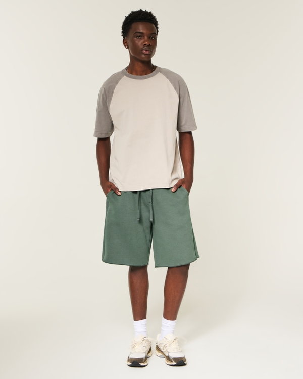 Hollister Feel Good At-the-Knee Baggy Fleece Shorts, Dark Olive view 1