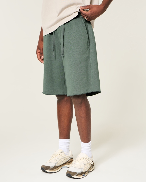 Hollister Feel Good At-the-Knee Baggy Fleece Shorts, Dark Olive view 2