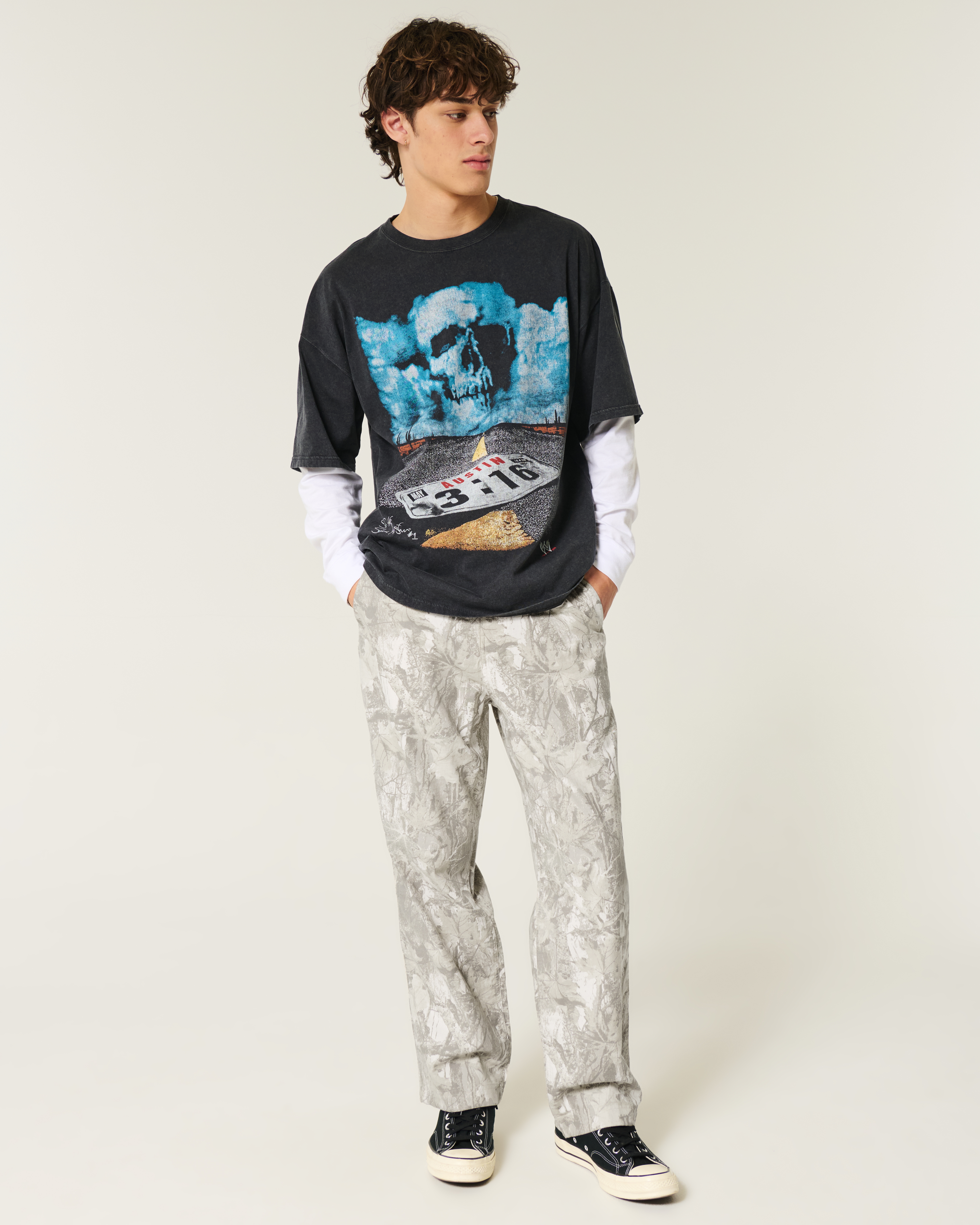 Linen-Blend Camo Baggy Pants