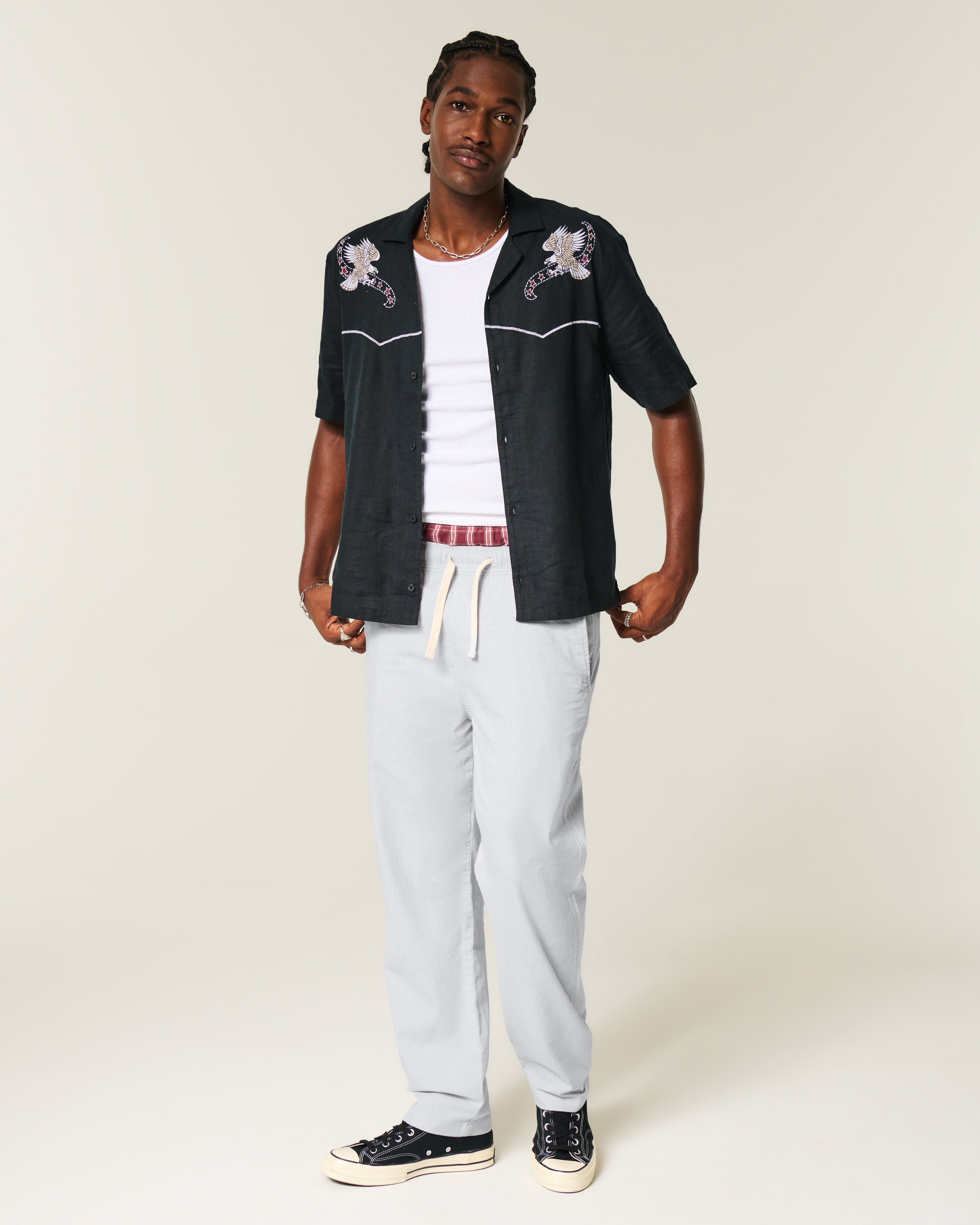 Loose Linen-Blend Pull-On Pants