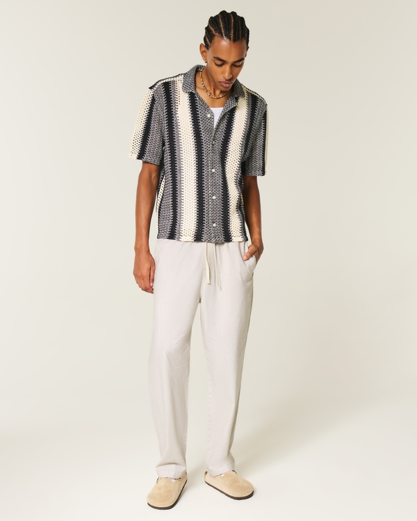 Linen-Blend Loose Pull-On Pants, Heather Cream view 1