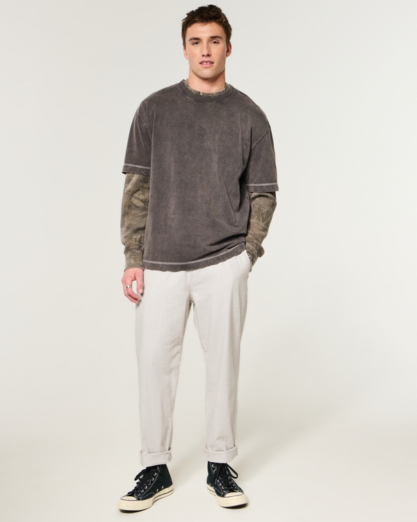 Linen-Blend Loose Pull-On Pants, Heather Cream view 1