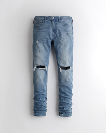 Men s Ripped Medium Wash Paint Splatter Stacked Skinny Jeans