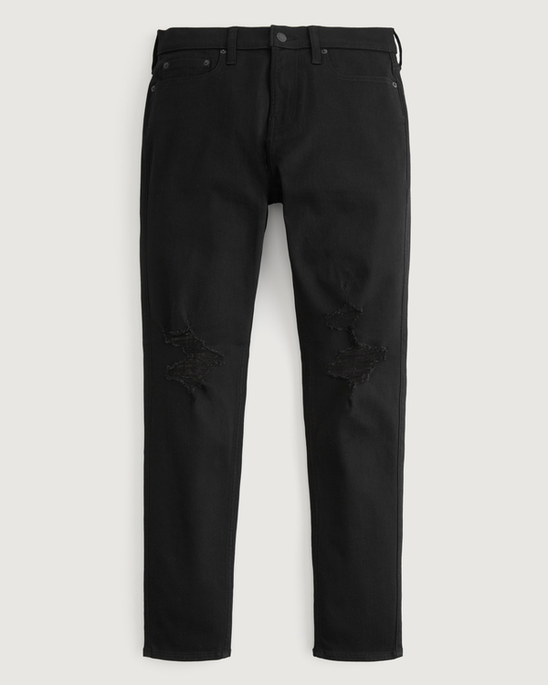 Distressed Black No Fade Athletic Skinny Jeans, Ripped Black