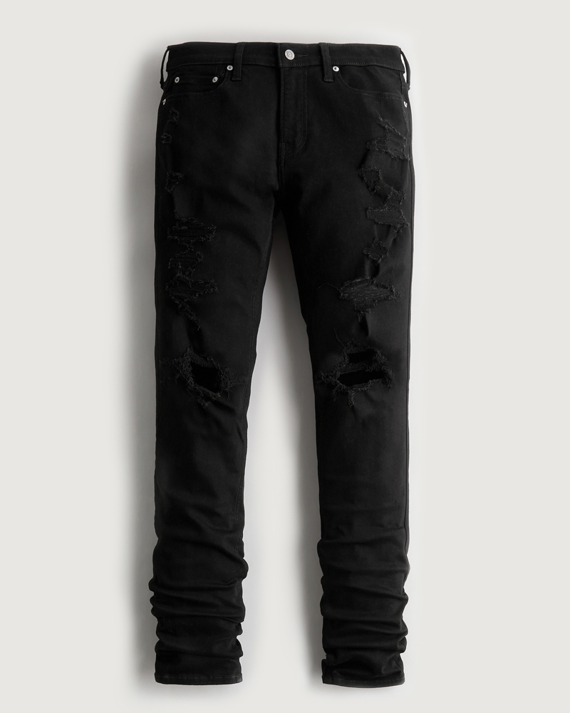 Men's Ripped Black No Fade Stacked Skinny Jeans Men's Sale