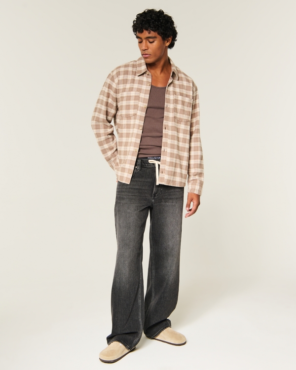 Low-Rise Drawstring Baggy Jeans, Washed Black view 1