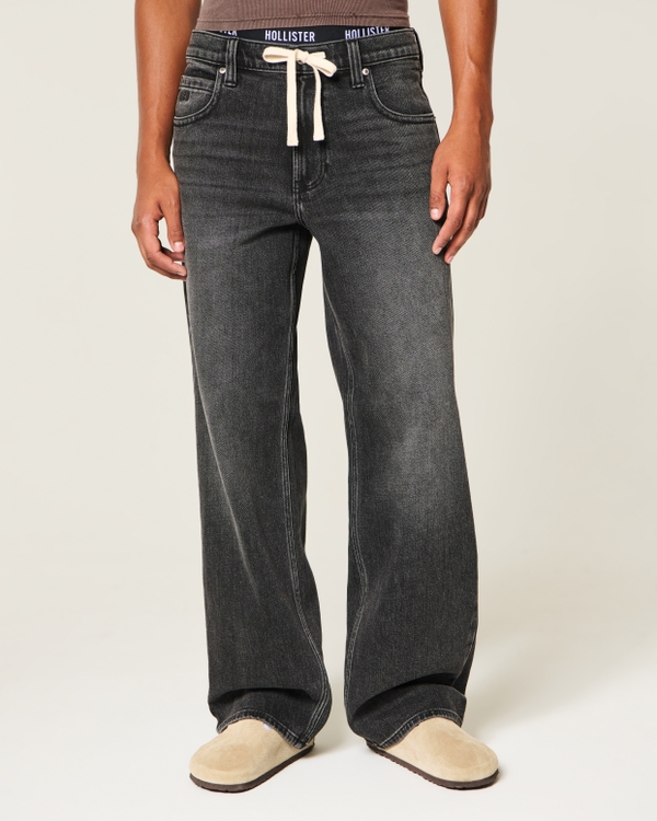 Low-Rise Drawstring Baggy Jeans, Washed Black view 2