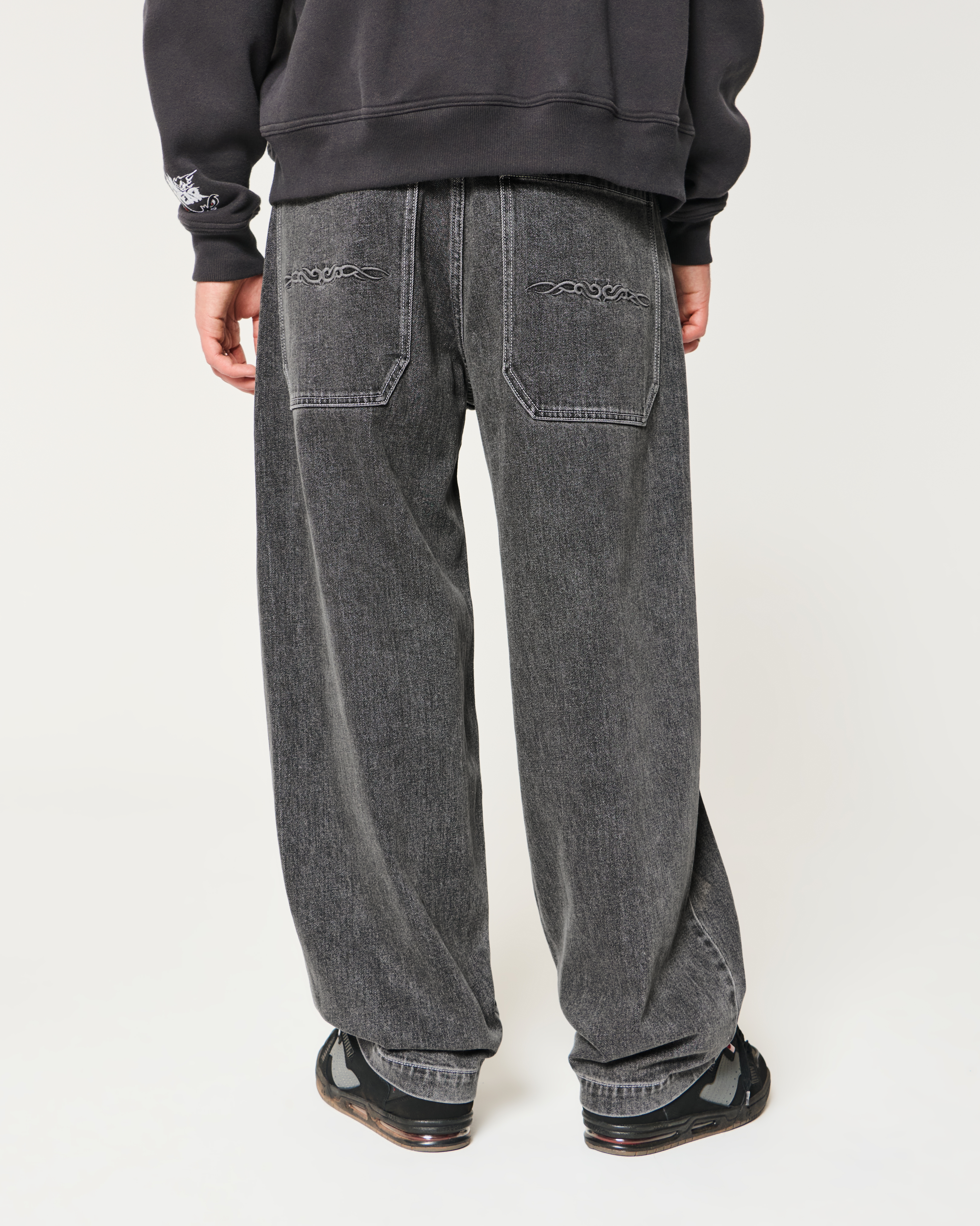 Men's Washed Black Embroidered Skater Baggy Jeans | Men's