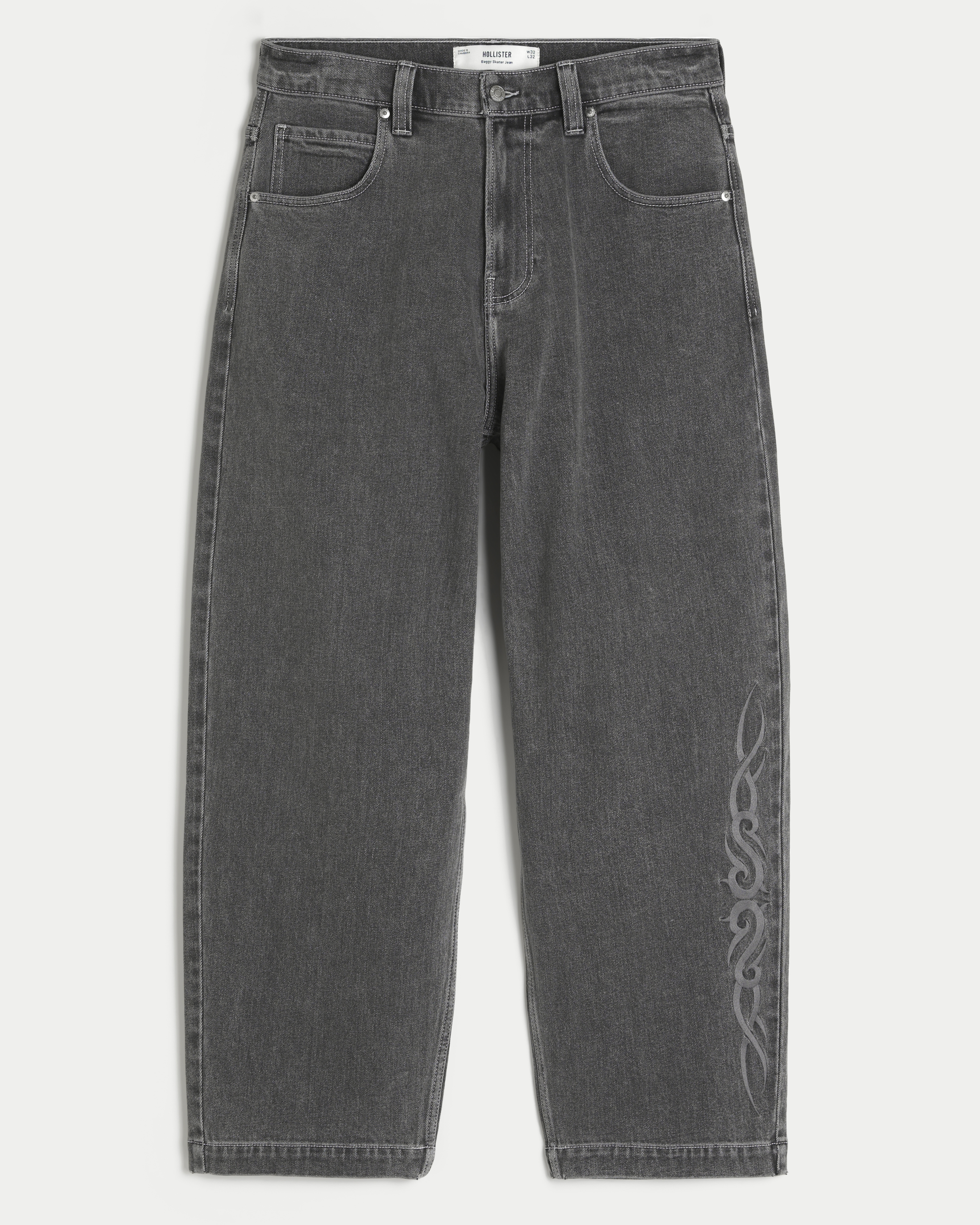 Washed Black Embroidered Baggy Skater Jeans