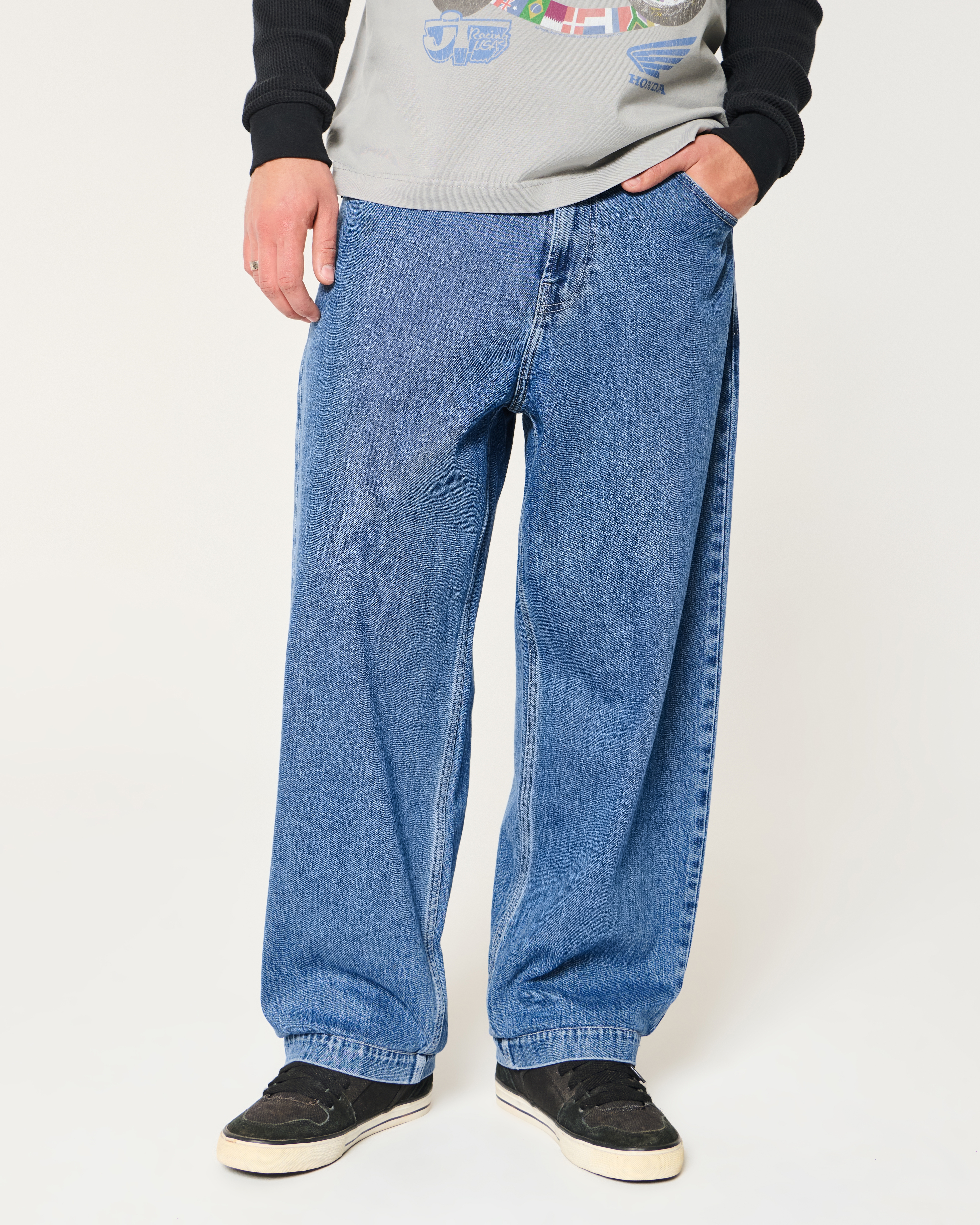 Medium Wash Embroidered Baggy Skater Jeans