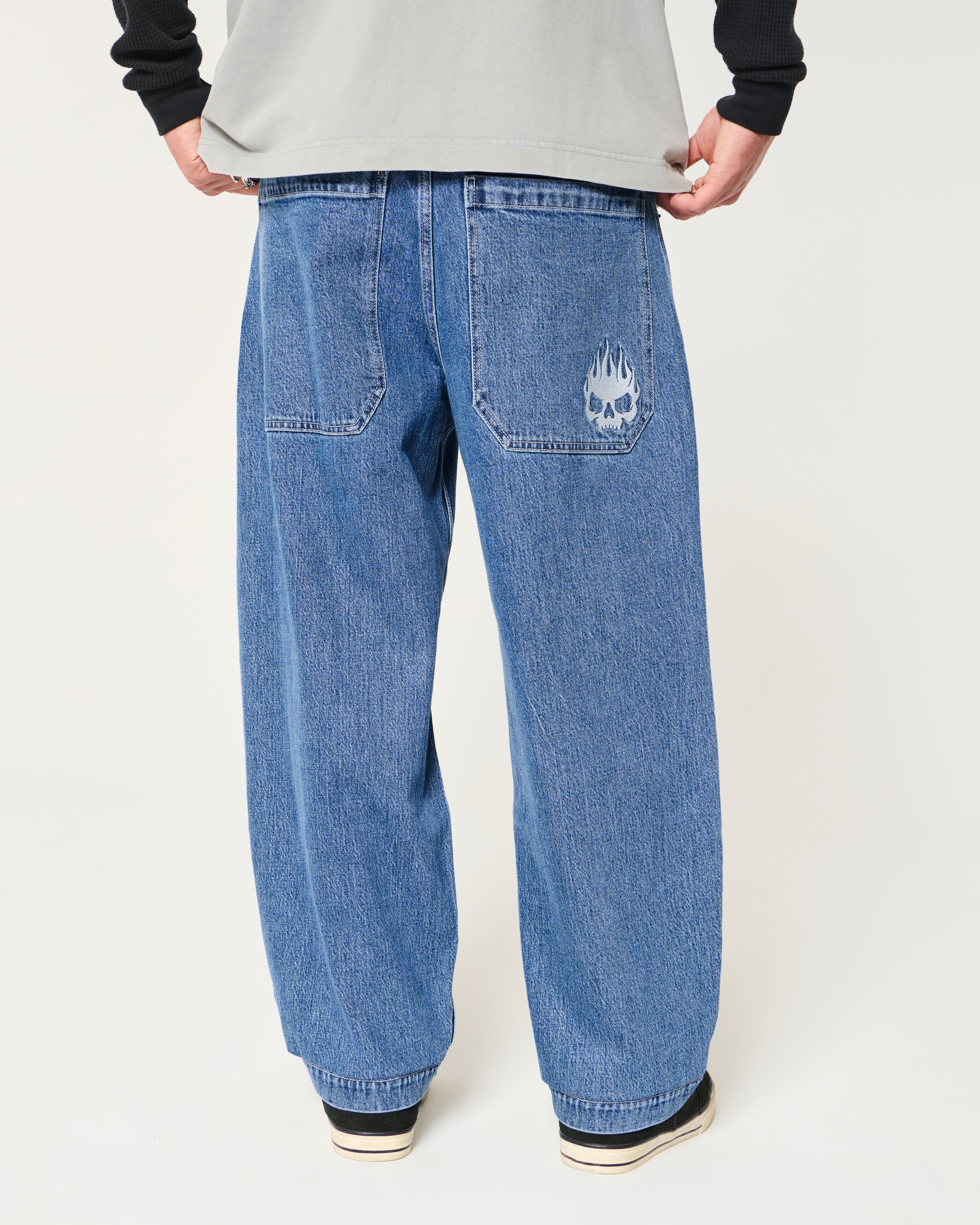 Medium Wash Embroidered Baggy Skater Jeans