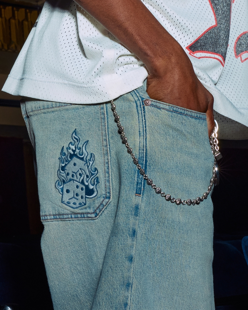 Men's Light Wash Embroidered Dice Skater Baggy Jeans | Men's