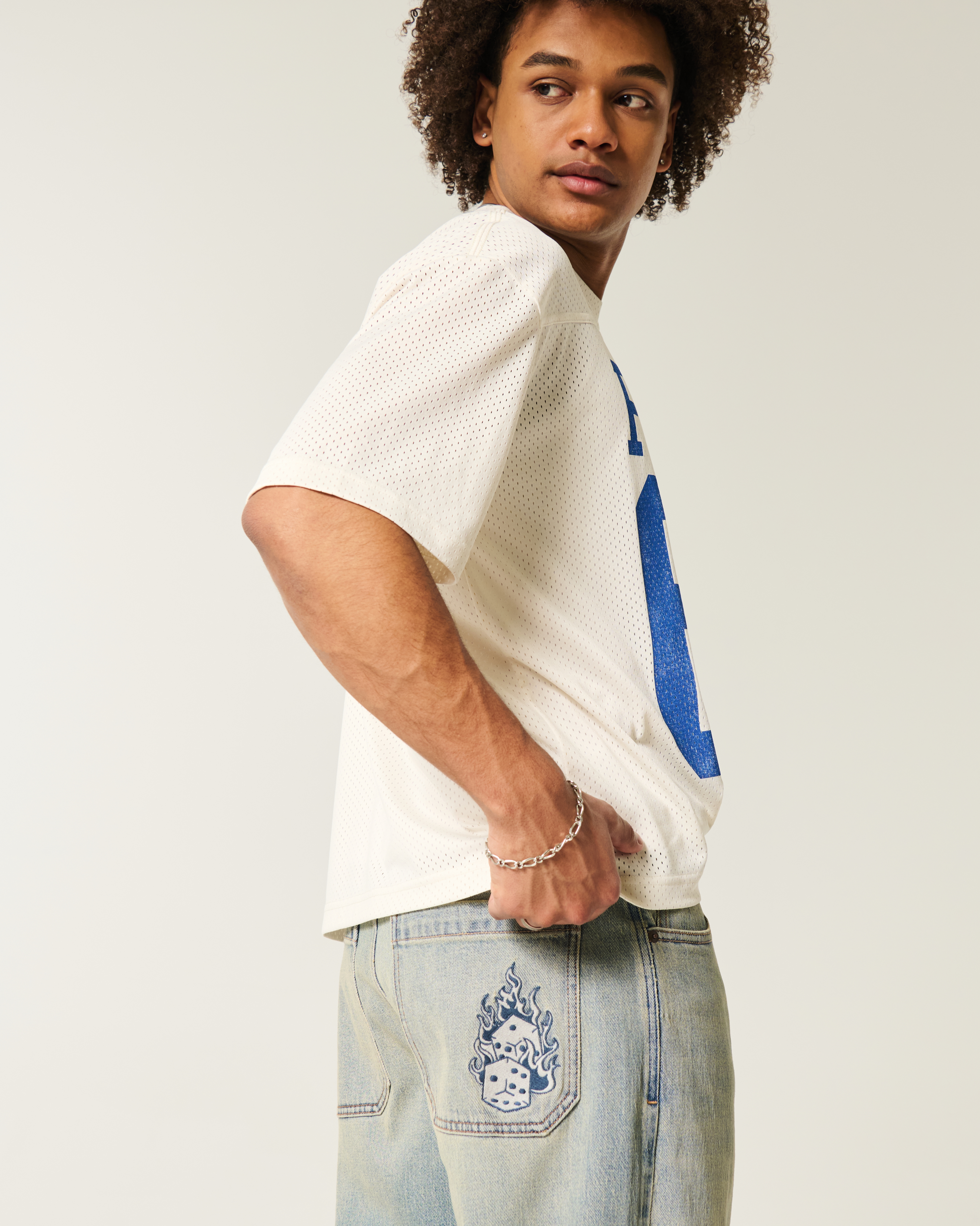 Light Wash Embroidered Dice Skater Baggy Jeans