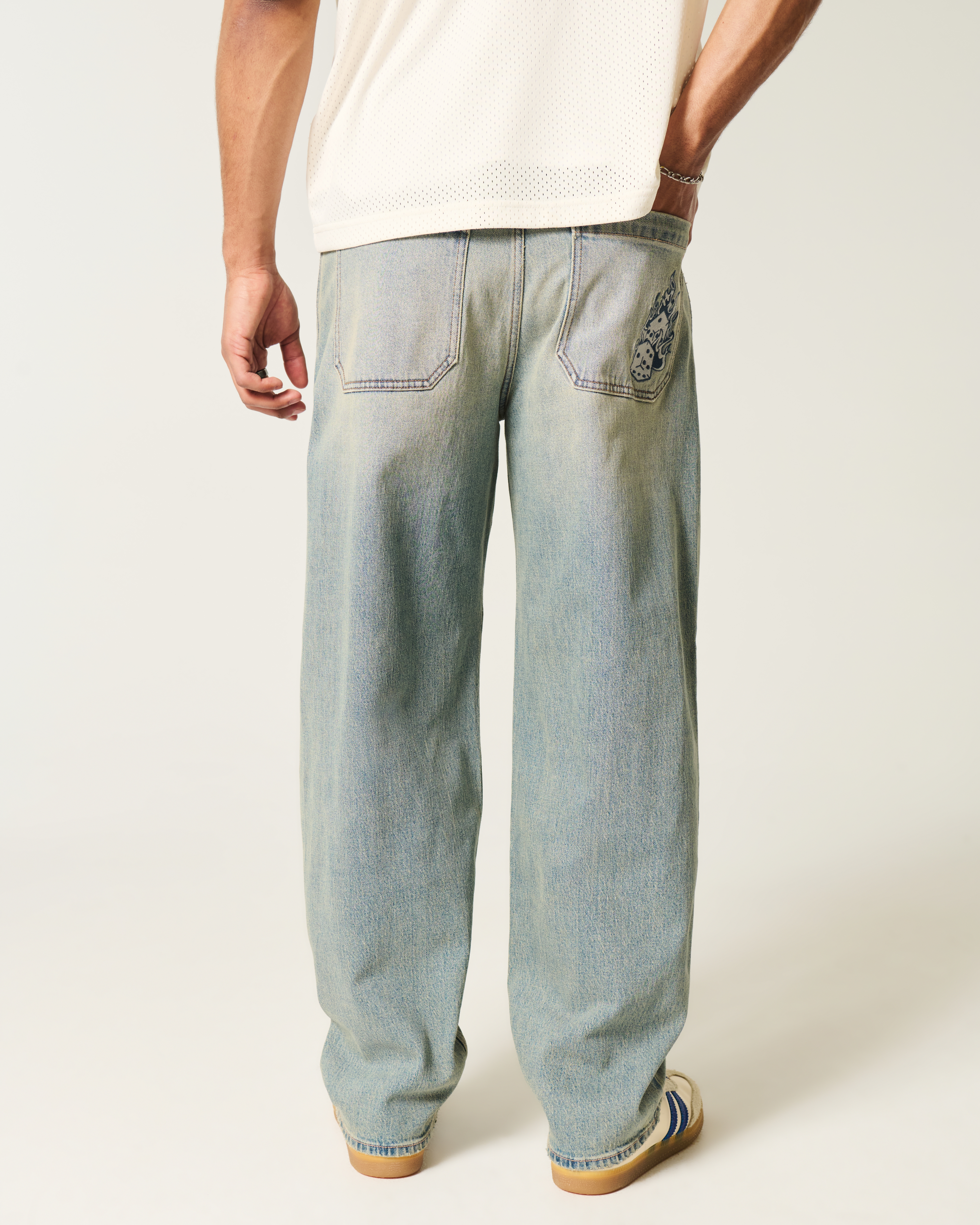 Light Wash Embroidered Dice Skater Baggy Jeans