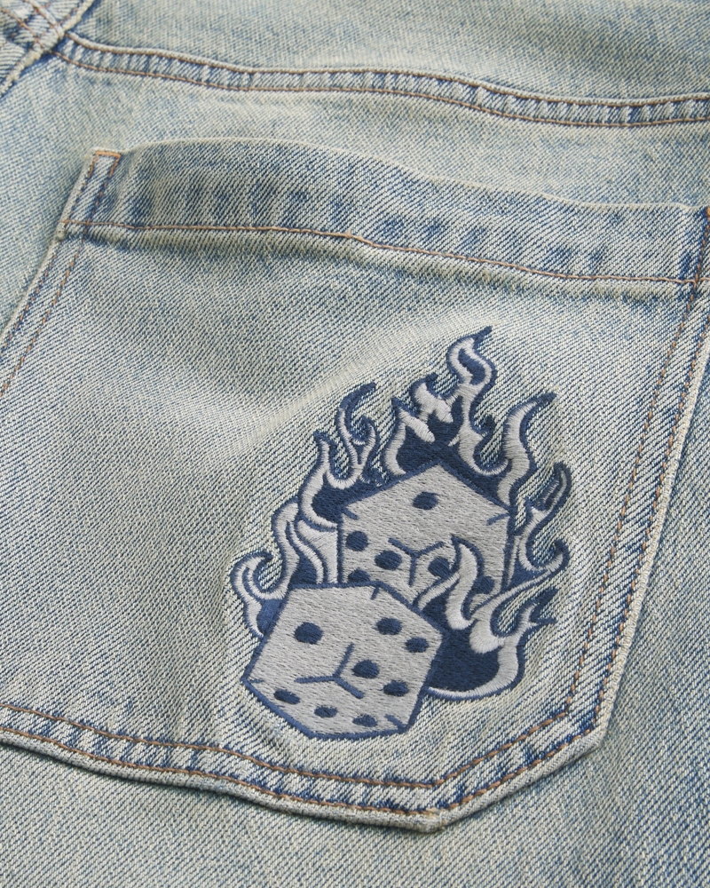 Light Wash Embroidered Dice Baggy Skater Jeans