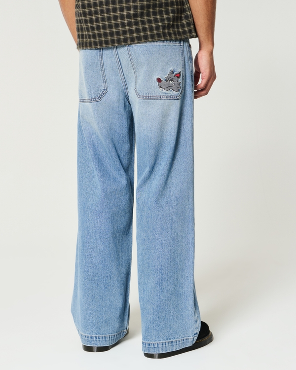 Medium Wash Wolf Graphic Super Baggy Jeans, Medium view 1