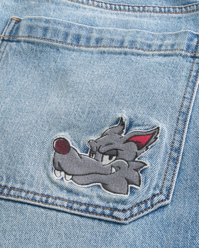 Medium Wash Wolf Graphic Super Baggy Jeans