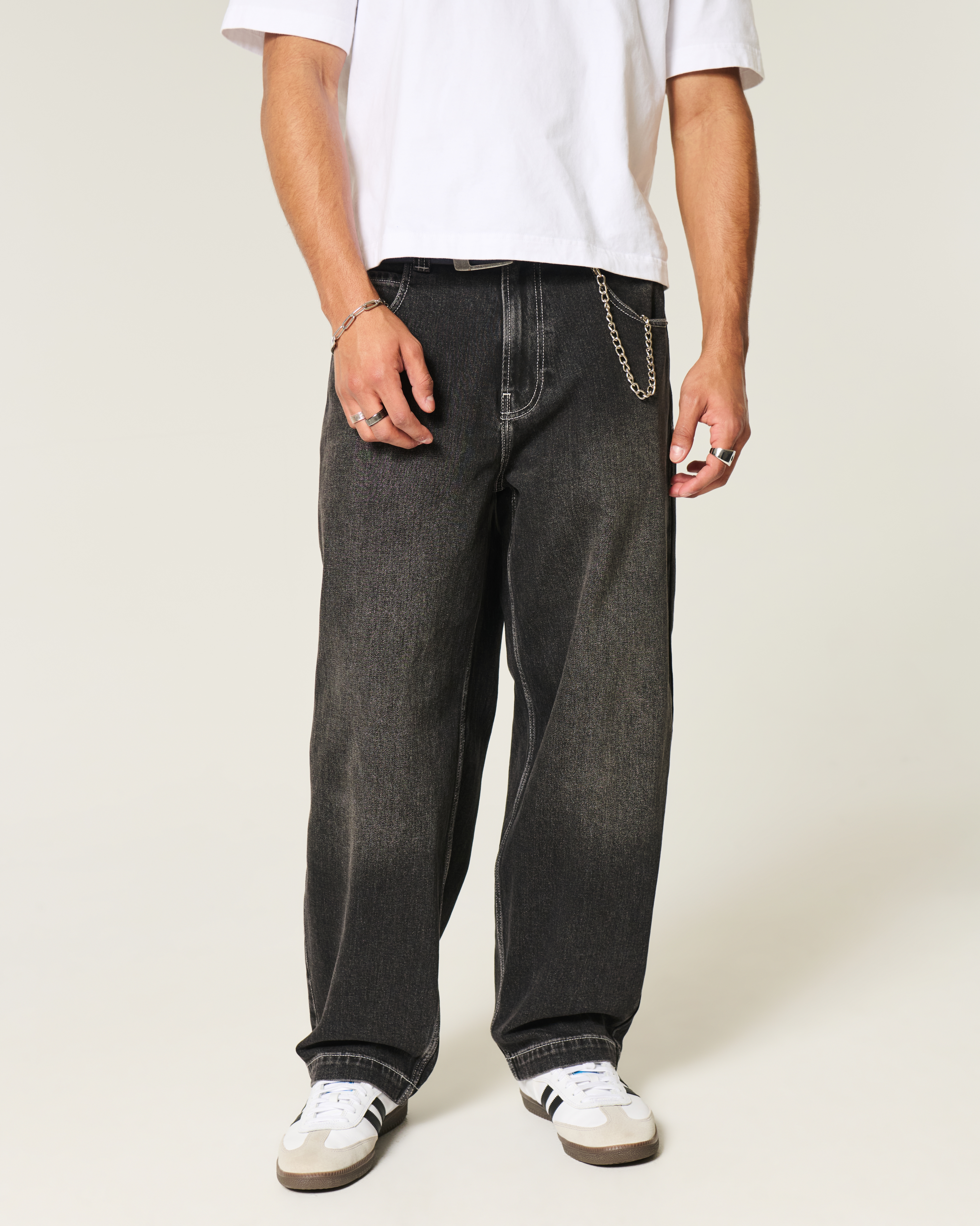 Men's Washed Black Embroidered Snake Skater Baggy Jeans