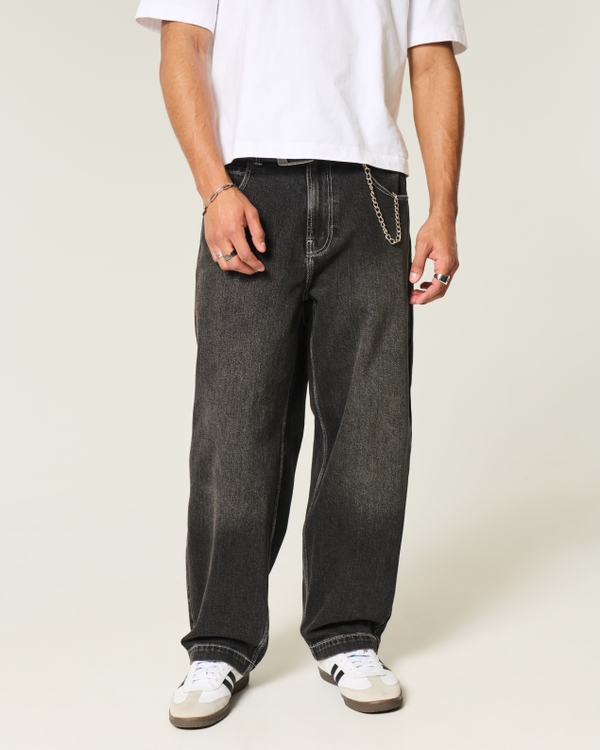 Washed Black Embroidered Snake Baggy Skater Jeans