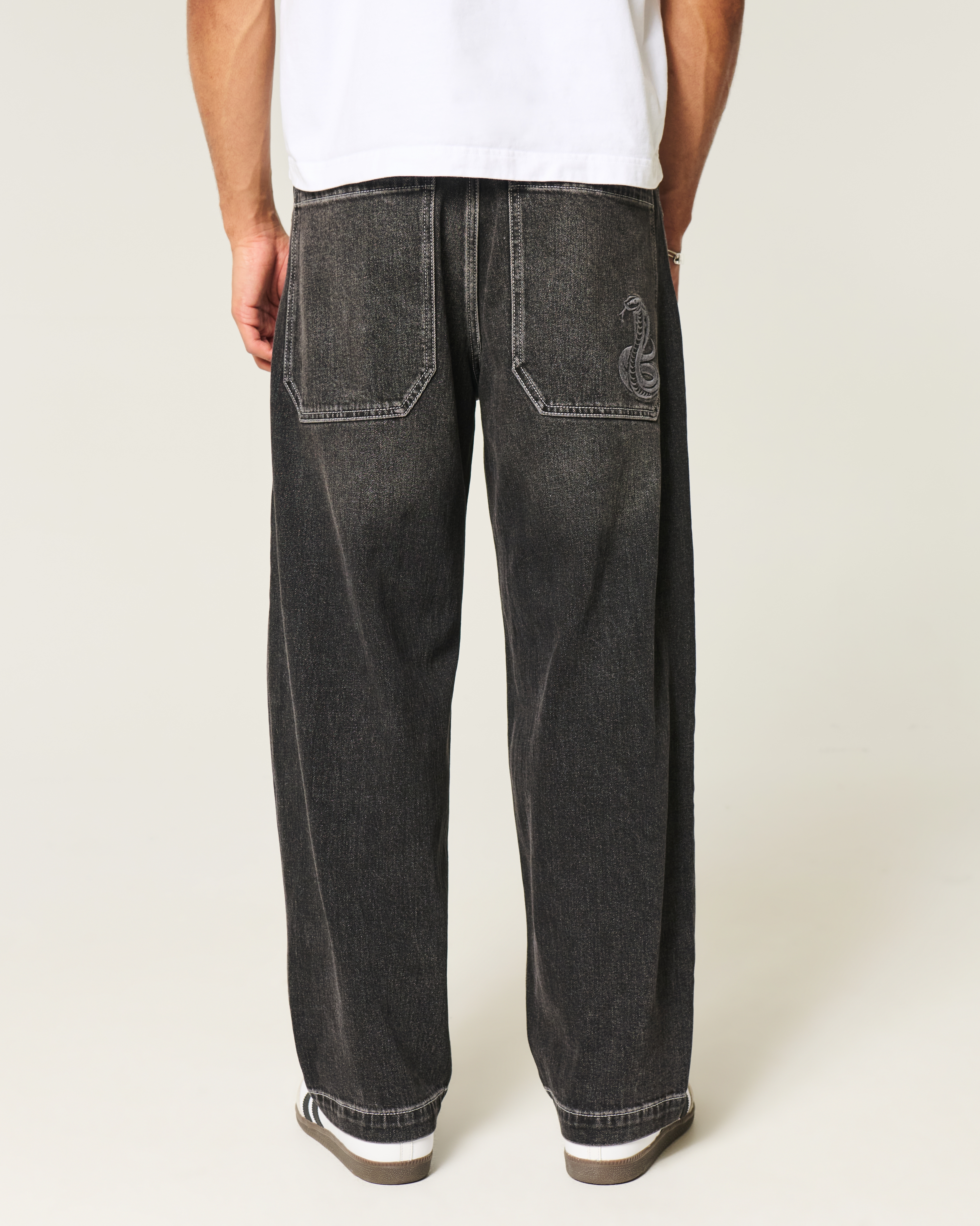 Washed Black Embroidered Snake Skater Baggy Jeans