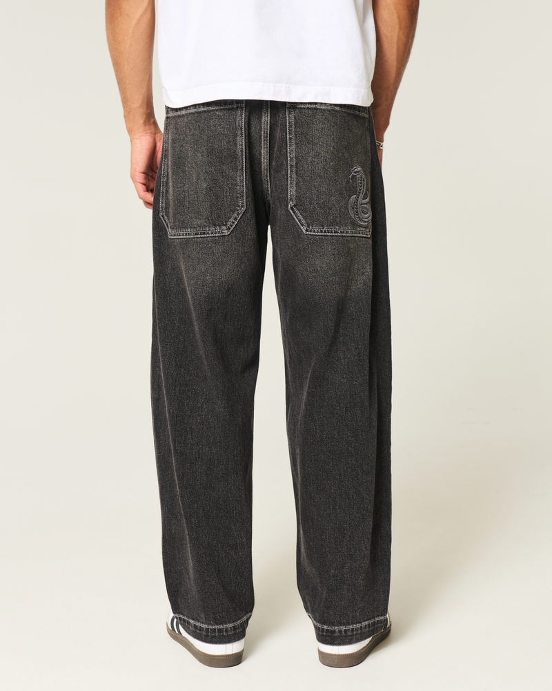 Men's Washed Black Embroidered Snake Skater Baggy Jeans | Men's