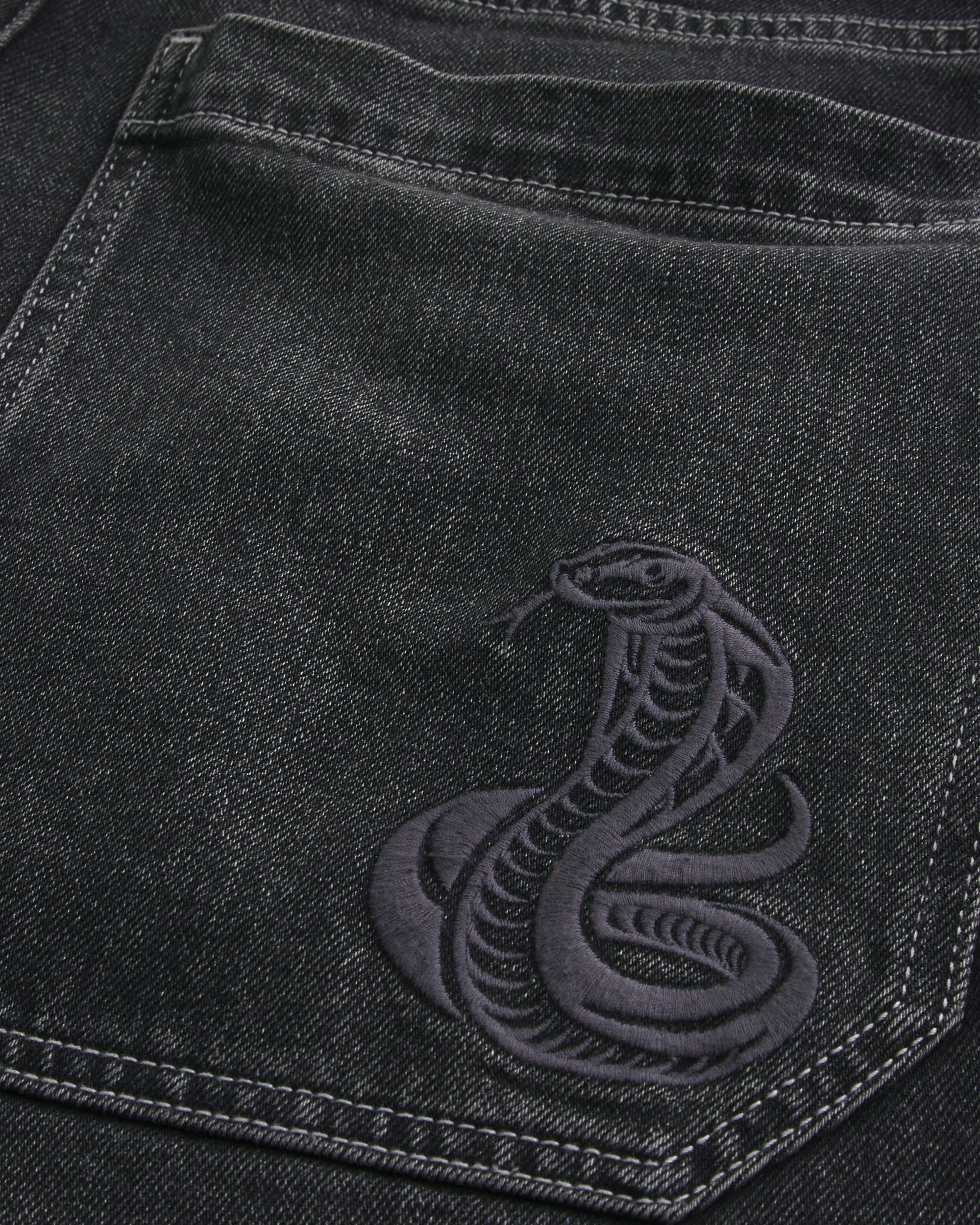 Washed Black Embroidered Snake Skater Baggy Jeans