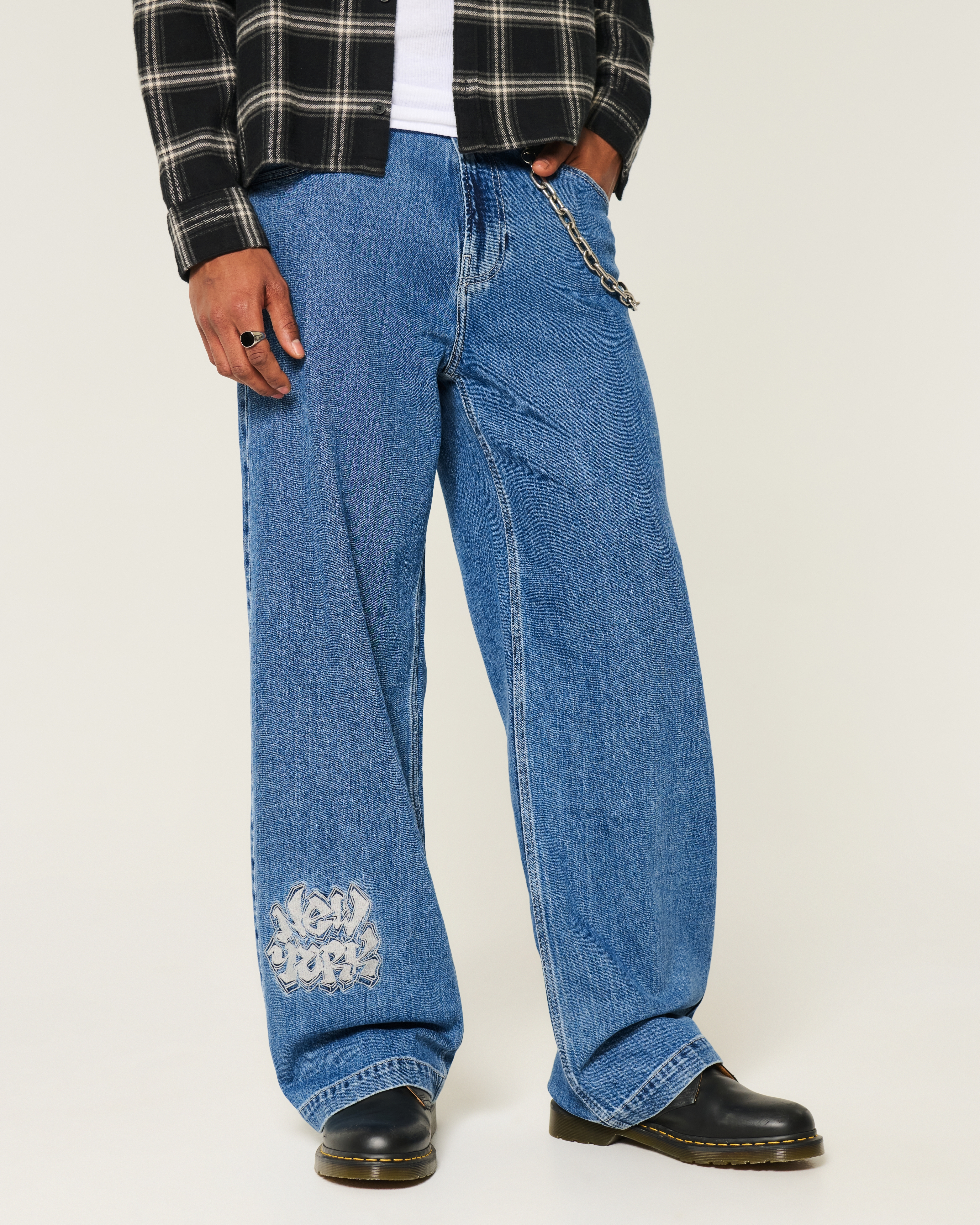 Medium Wash NYC Graphic Super Baggy Jeans