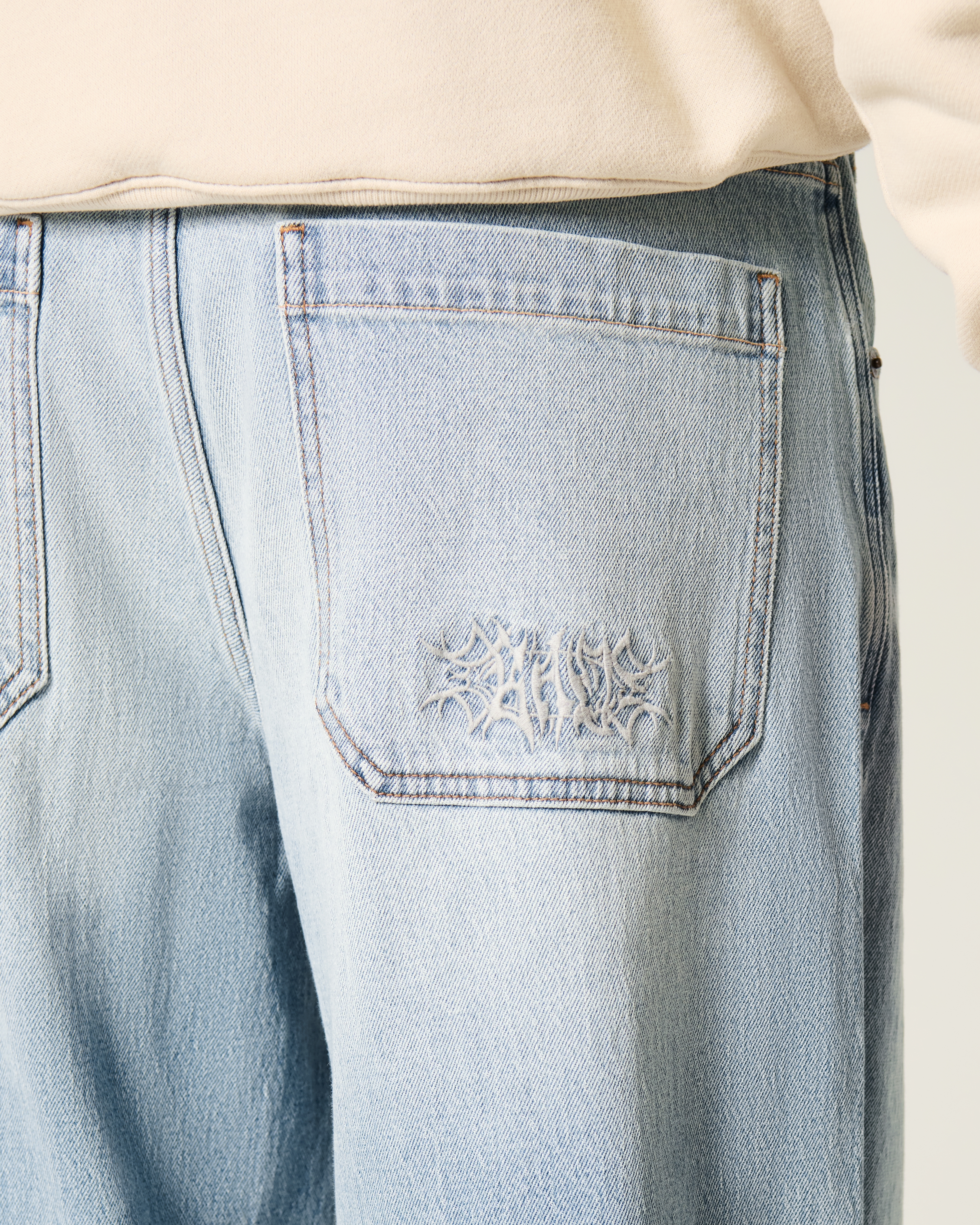 Embroidered Light Wash Skater Baggy Jeans