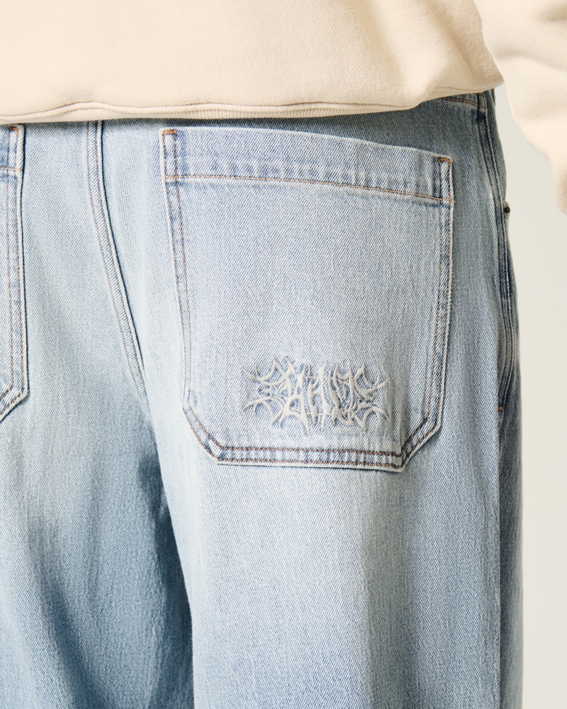 Embroidered Light Wash Skater Baggy Jeans