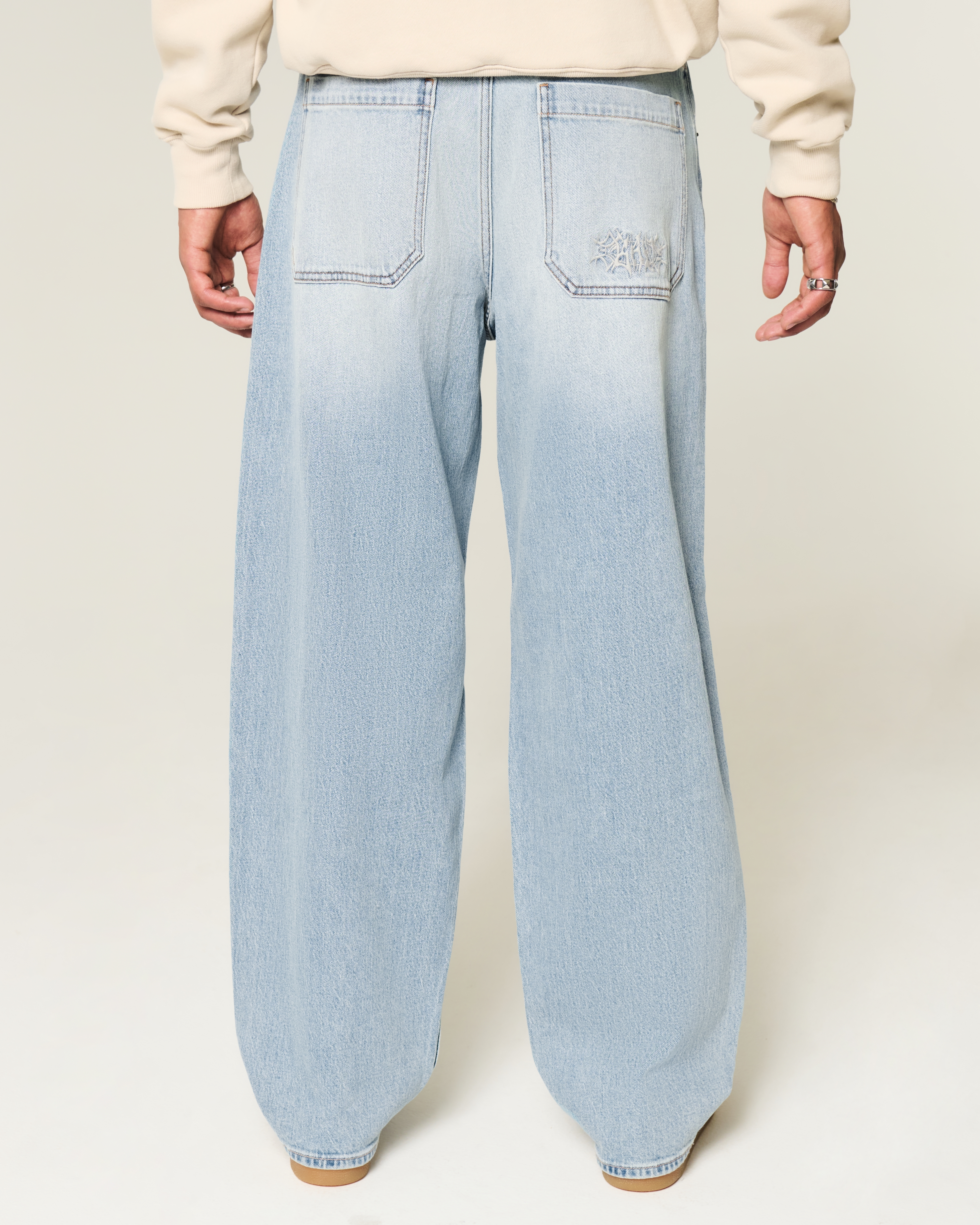 Embroidered Light Wash Skater Baggy Jeans
