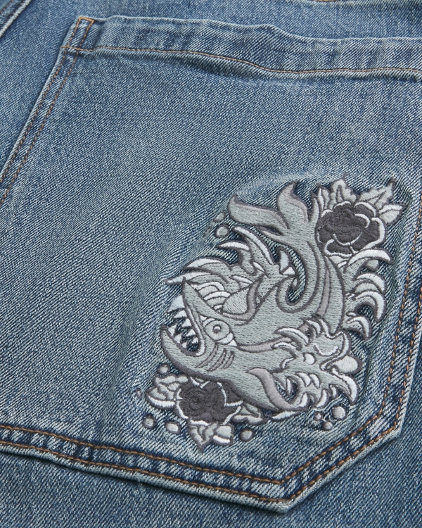 Medium Wash Embroidered Shark Graphic Skater Baggy Jeans