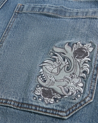 Medium Wash Embroidered Shark Graphic Skater Baggy Jeans