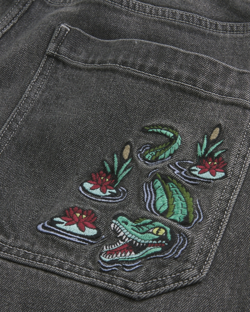 Washed Black Embroidered Baggy Jeans