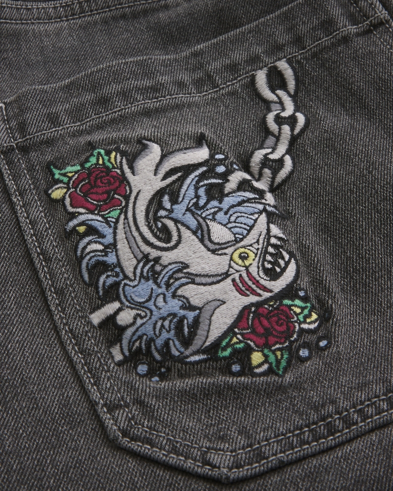 Washed Black Embroidered Baggy Jeans