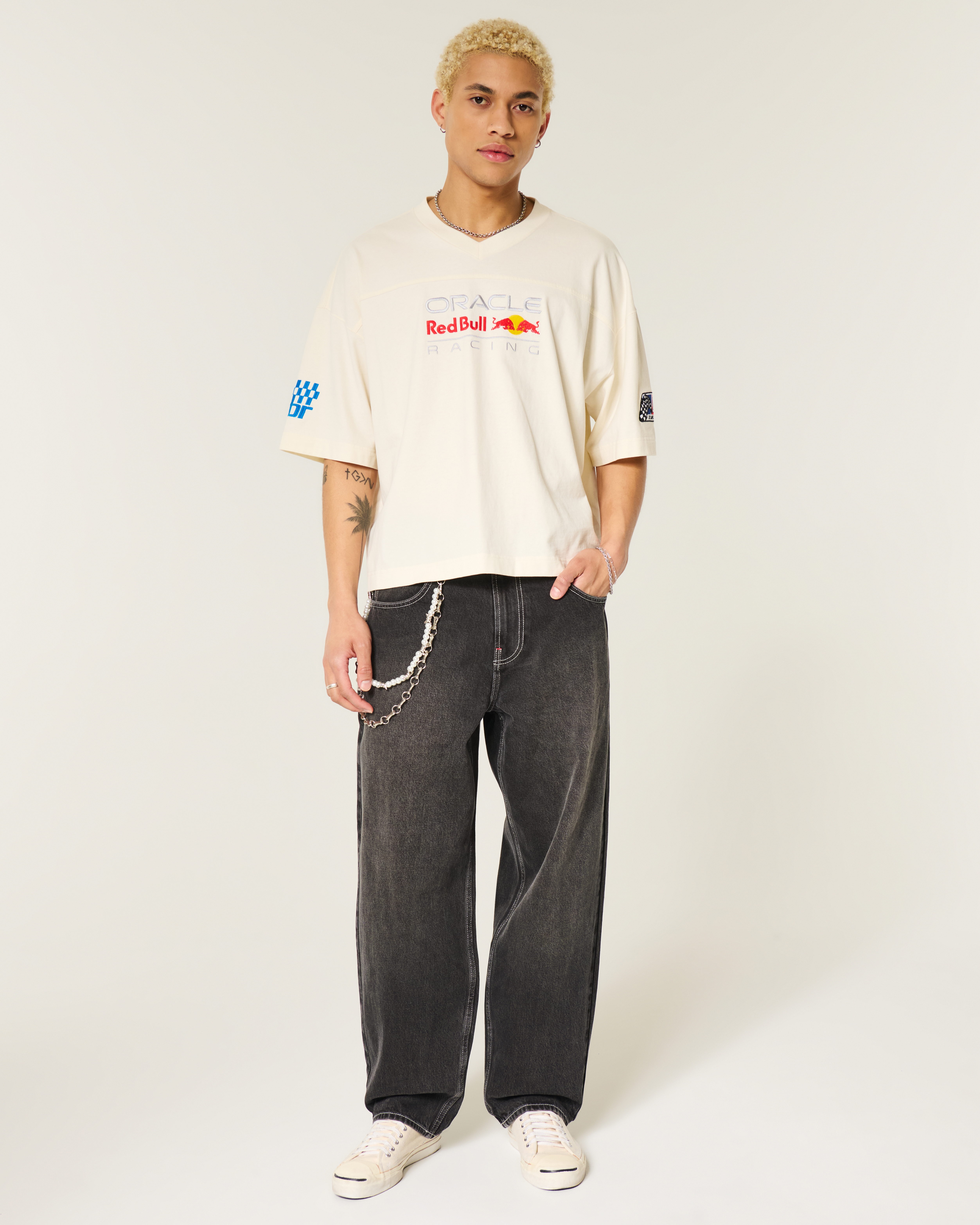 Washed Black Good Luck Embroidery Skater Baggy Jeans