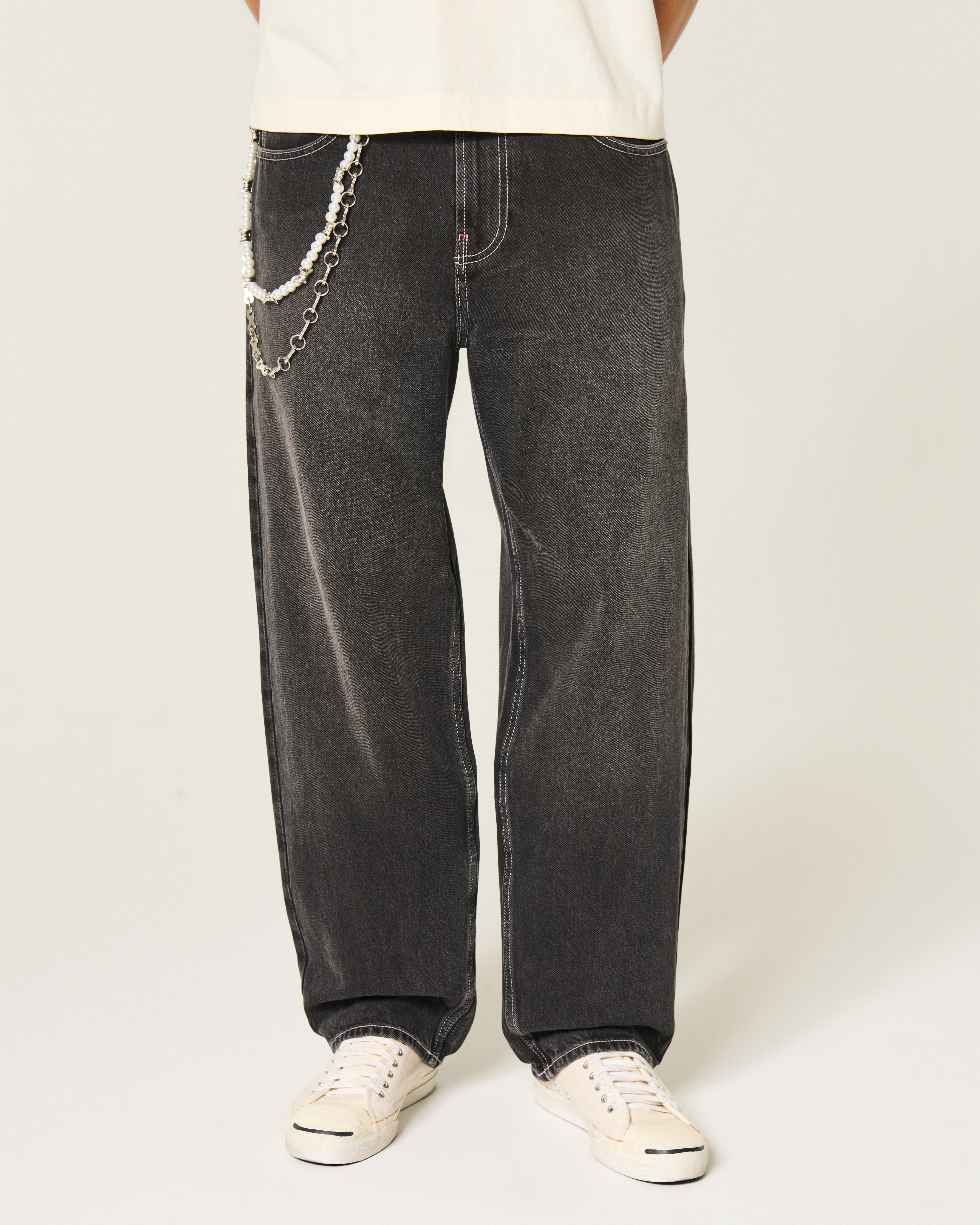 Washed Black Good Luck Embroidery Skater Baggy Jeans