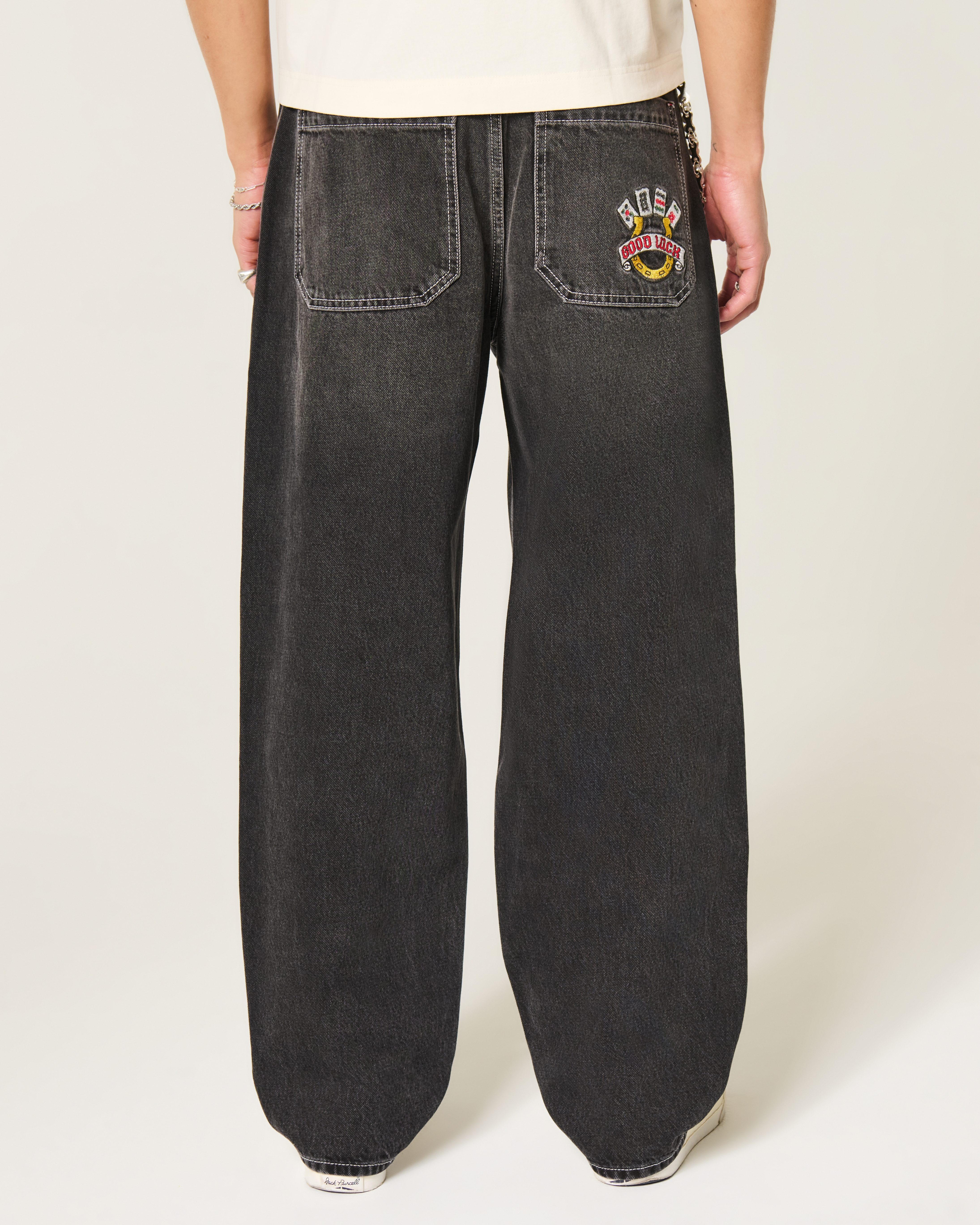Washed Black Good Luck Embroidery Skater Baggy Jeans
