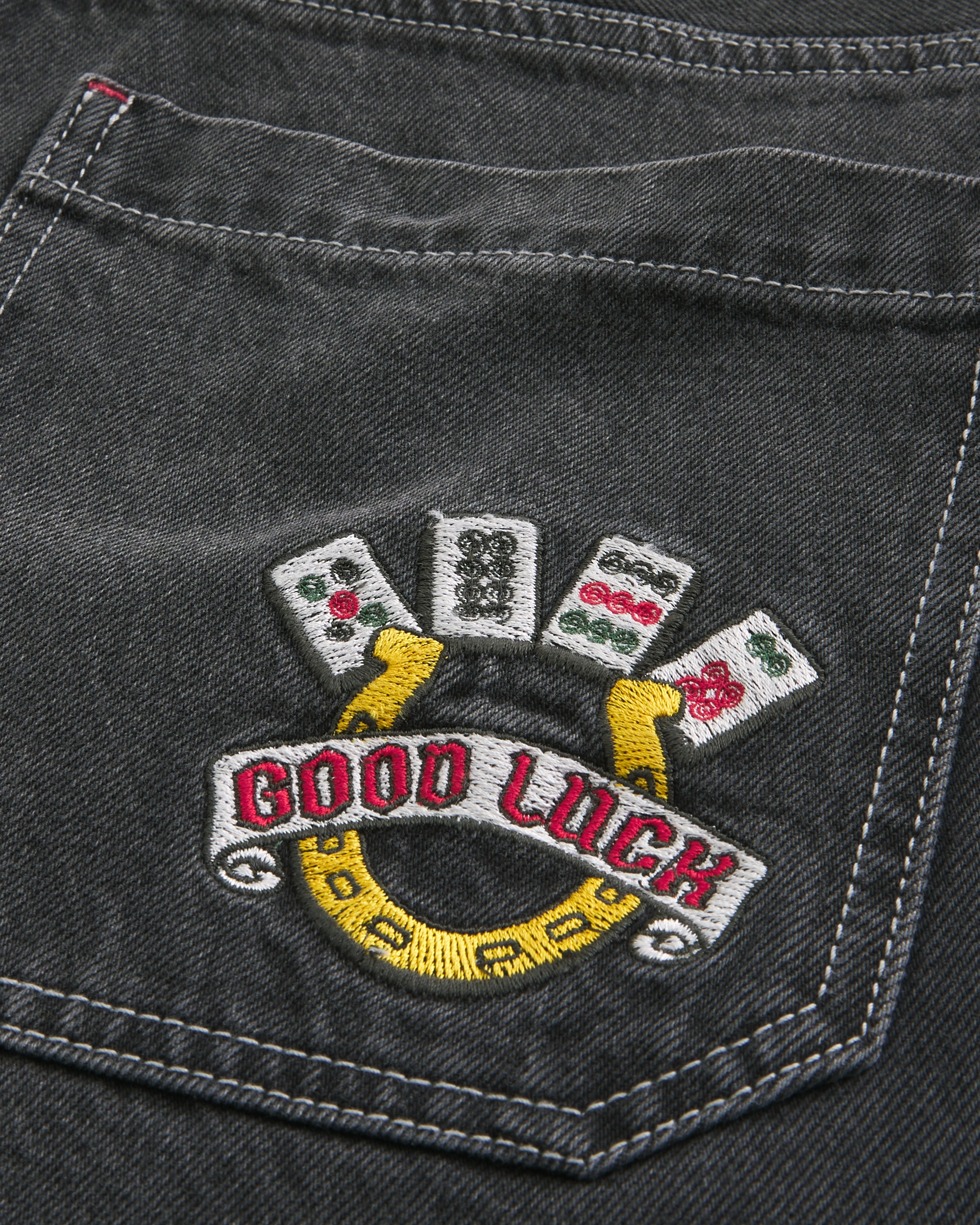 Washed Black Good Luck Embroidery Skater Baggy Jeans