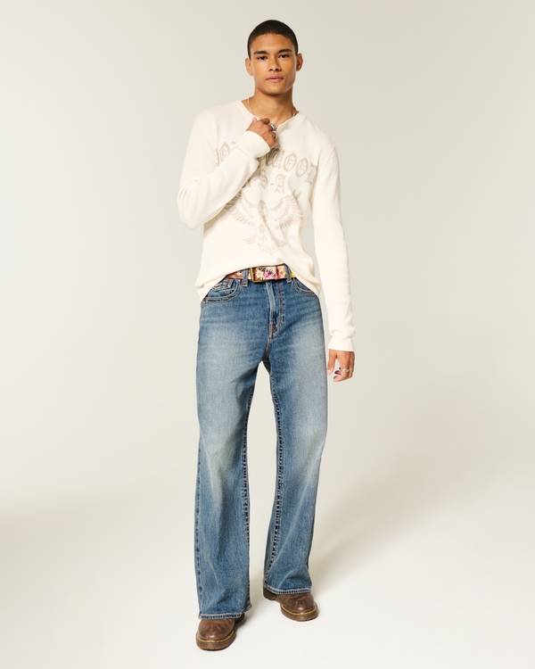 Medium Wash Flap Pocket Baggy Bootcut Jeans, Medium view 1