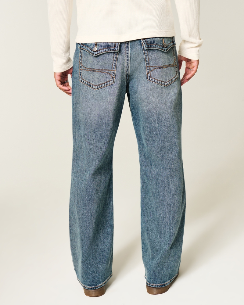 Medium Wash Flap Pocket Baggy Bootcut Jeans