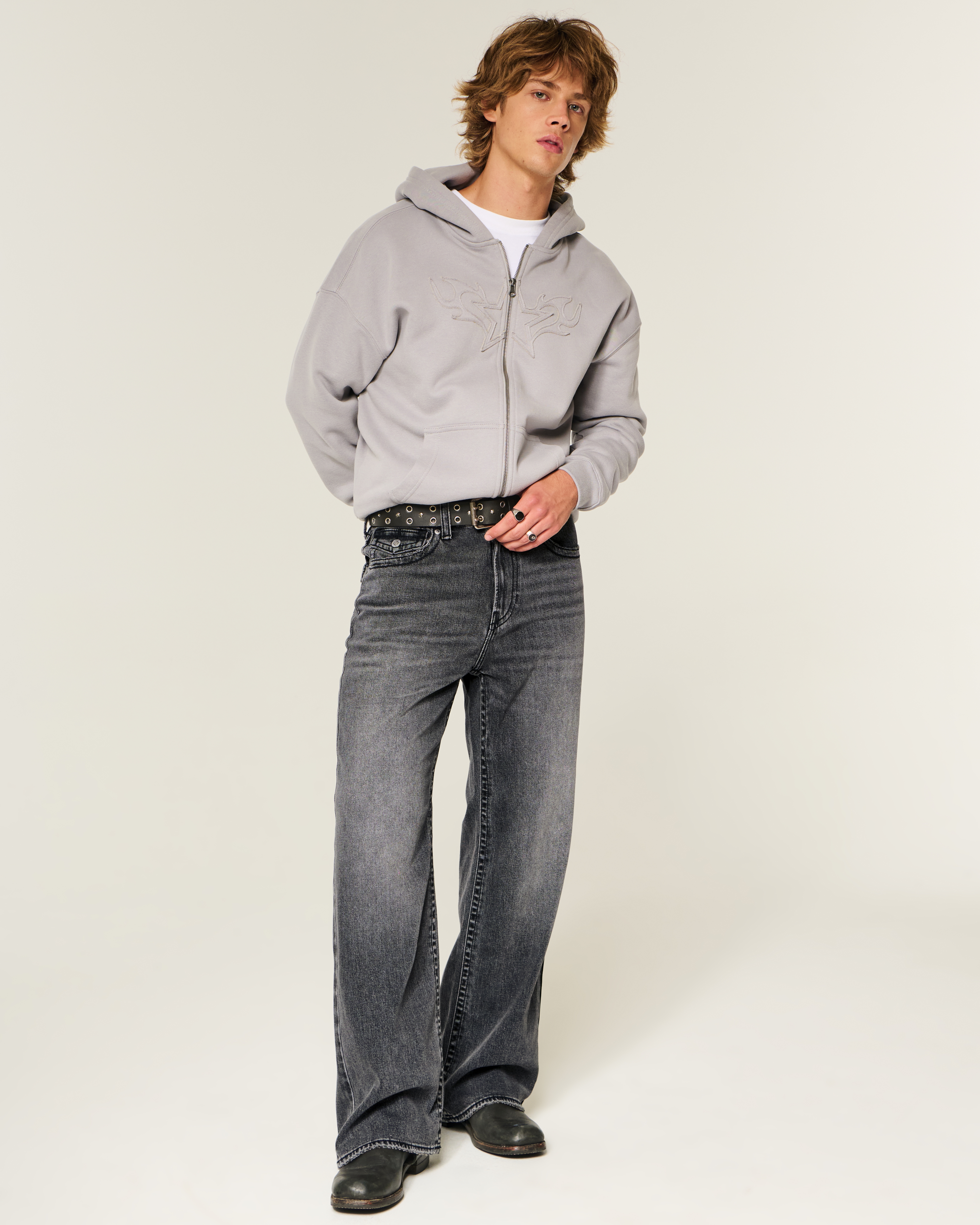 Washed Black Flap Pocket Baggy Bootcut Jeans