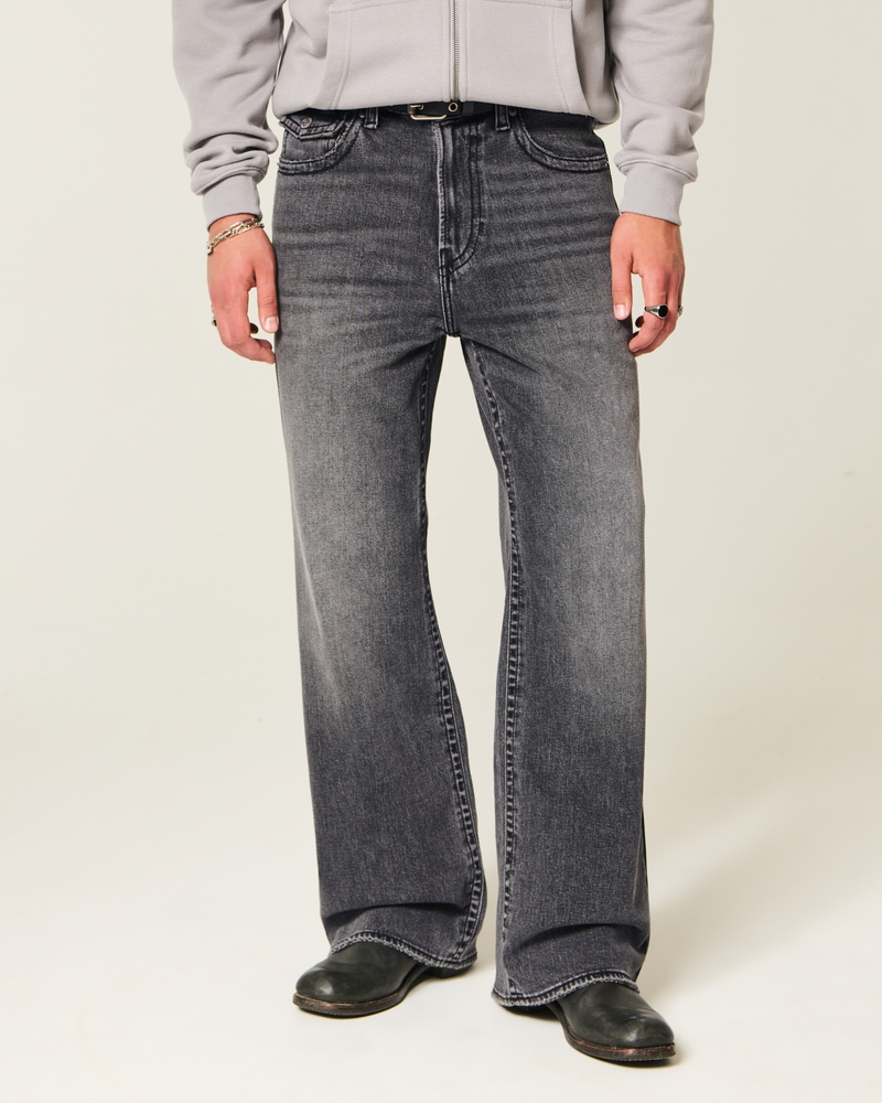 Men's Washed Black Flap Pocket Baggy Bootcut Jeans Men's