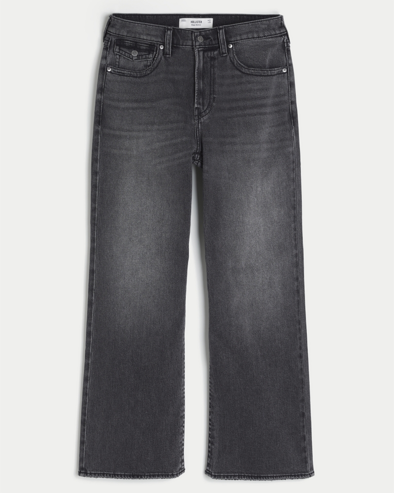 Wijde bootcut jeans in zwarte wassing met achterzakken met flap